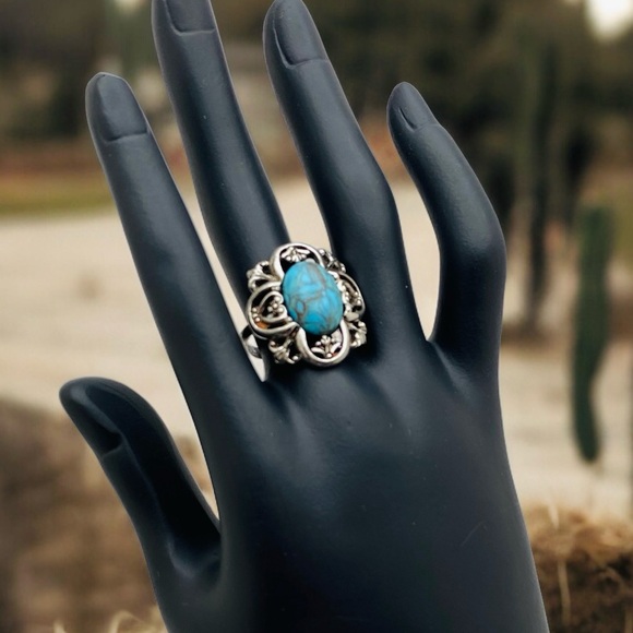 Vintage Sarah Coventry 1976 “Heritage” Adjustable Ring Open Scroll Turquoise - Picture 2 of 8